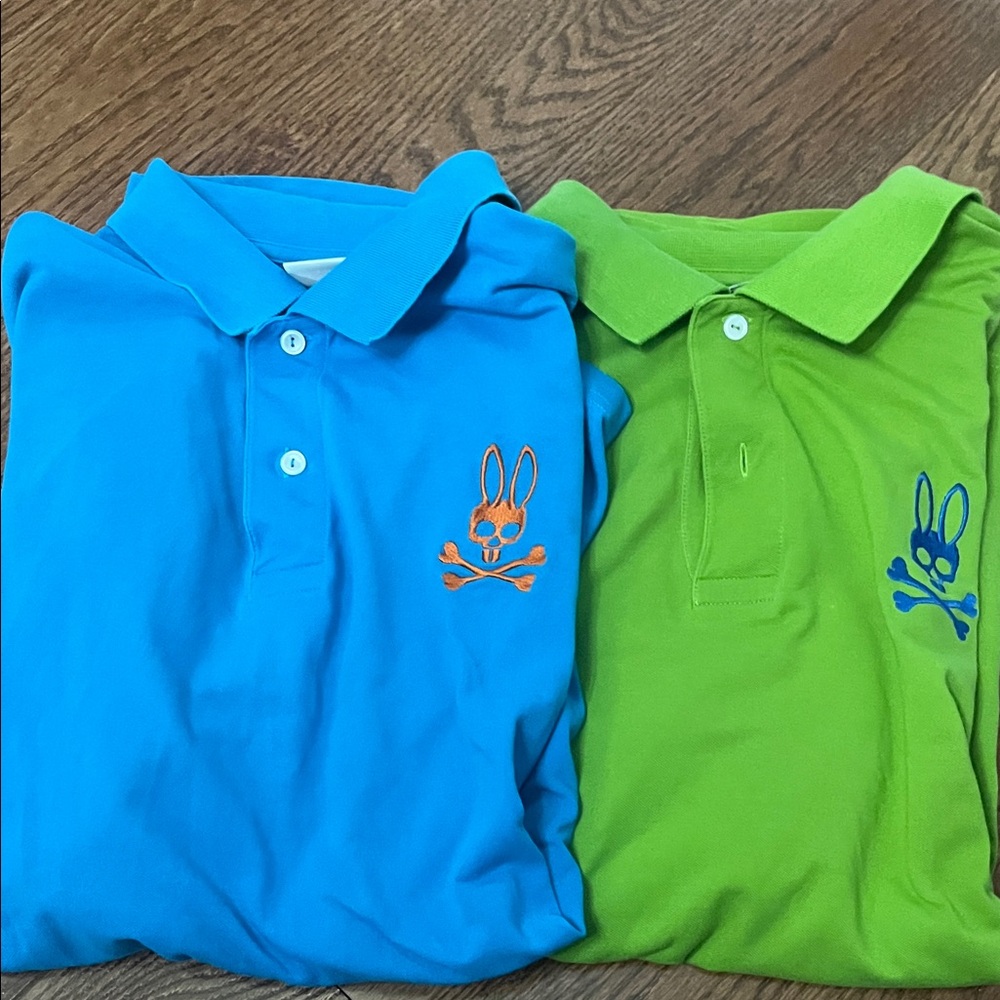 2 Psycho bunny polo Shirts with Blue Skull Bunny Logo